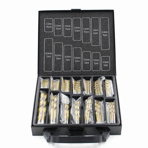 99 Piece Titanium Twist Drill Bit Set 1 To 10mm For Drilling Wood And Metal With Rust Proof Case And Triple Coating That Lasts Longer Than The Rest open case with sorted drill bits