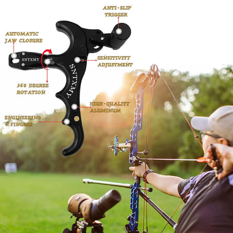360 Degree Rotatable Thumb Bow Release For Compound Bow Archery Release Trigger With Automatic Jaw Closure 4 Finger Black Bow Release In Use