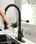 Dead Simple Install Bulletproof Build Slick Black Finish Single Handle Pull Down Kitchen Faucet Lead Free Stainless Steel Ceramic Cartridge Top Tier Sink Fixture in use with flexible spout.