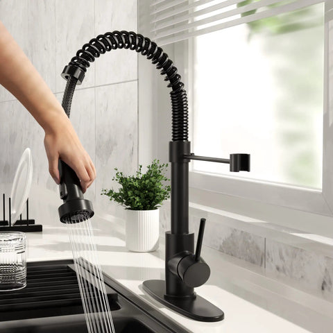 Dead Simple Install Bulletproof Build Slick Black Finish Single Handle Pull Down Kitchen Faucet Lead Free Stainless Steel Ceramic Cartridge Top Tier Sink Fixture in use with flexible spout.