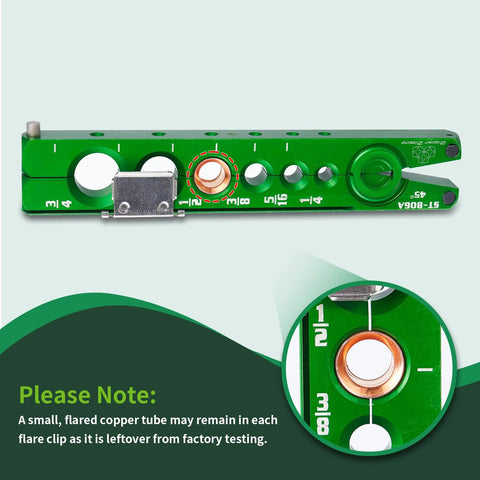 Green HVAC flare tool for copper tubing, 1/4–3/4 in, 45-degree eccentric cone, front view.