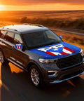 Puerto Rico Flag PR Letters And Starry Design Car Hood And Mirror Cover Set on SUV at sunset, 4x5.25 ft stretchable fit