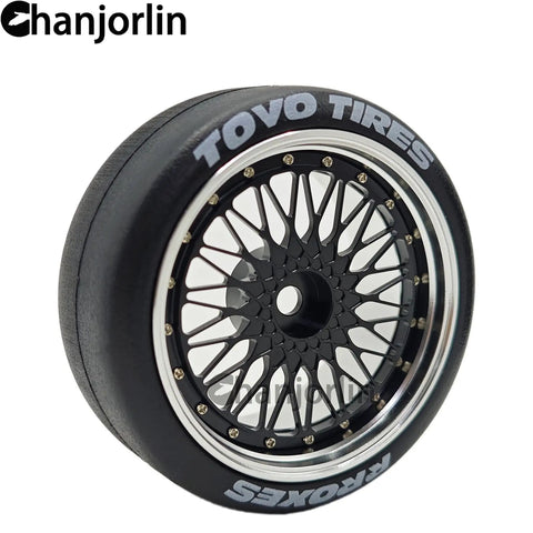 RC Drift Tires With Aluminum Wheels 2.56 Inch OD 12mm Hex Hard Drift Tires for 1/10 and 1/12 Rally Cars, close-up view