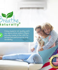 Woman and child with pet on couch, showcasing Carbon Activated Air Filter Replacement Pre Filter Sheet 16x48 Cut To Fit Universal For Air Purifiers And Vent Filters Pack Of 6 Made In USA Traps Smoke Odors And Pollutants logo and text.