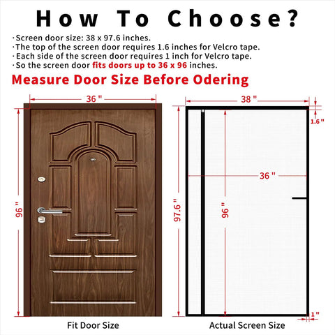 Diagram showing dimensions for Reversible Screen Door With Magnetic Closure For Sliding Doors And Doorways Heavy Duty Fiberglass Bug Mesh, 36 x 96 inches.