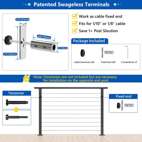 Diagram showing components of Swageless Invisible Cable Railing Kit 20 Pack No Crimp Reusable T316 Stainless Steel Fixed End Terminals.