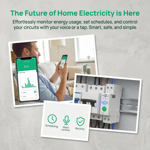 Heavy Duty Smart WiFi Circuit Breaker With Slick App Command And Easy Peasy Setup Offers Solid 63A Adjustable Load Protection Plus Quick Alerts And Auto Power Cut For Real Home Peace Of Mind In Convenient Two Pack Design with app display and breaker panel.
