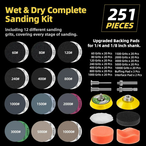 251 Piece All In One 2 Inch Sanding Disc Drill Polishing Kit with Wet Dry Silicon Carbide Sandpaper Assorted Grit 60 to 10000