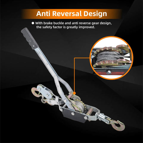 5 Ton Dual Gear Power Puller With 3 Hooks Heavy Duty Steel Cable Come Along Winch Hand Winch showing anti-reversal design