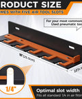 Air Tool Wall Mount Rack With Five Slots, Lockable Pneumatic Tool Holder, showing dimensions and 1/4 inch fitting