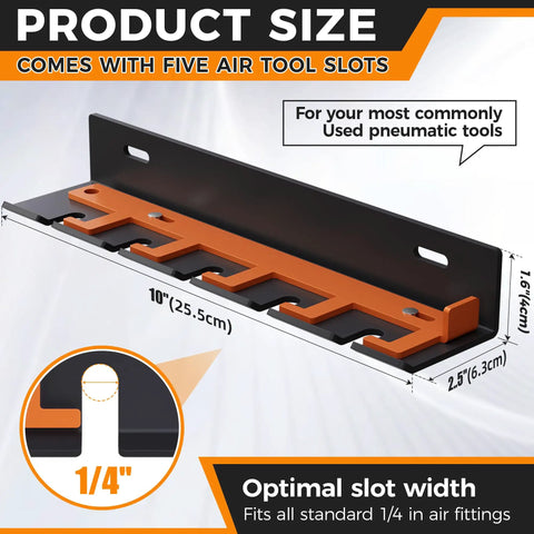 Air Tool Wall Mount Rack With Five Slots, Lockable Pneumatic Tool Holder, showing dimensions and 1/4 inch fitting