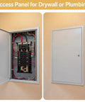 Premium Galvanized Steel Access Panel 24 By 36 Inches With Secure Lock And Key Heavy Duty Drywall Utility Cover open to show electrical connections.