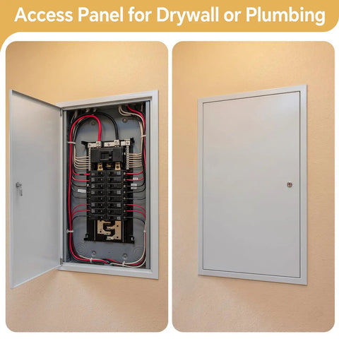 Premium Galvanized Steel Access Panel 24 By 36 Inches With Secure Lock And Key Heavy Duty Drywall Utility Cover open to show electrical connections.