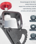 Close-up of attachment for woodturning tools that fits Wolverine grinding jig, vari-grind style with enhanced grip and clamp.