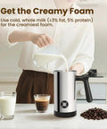 Person pouring milk into 4 In 1 Milk Frother And Steamer With 10 6 Oz Capacity Electric Foam Maker for lattes cappuccinos and chocolate.