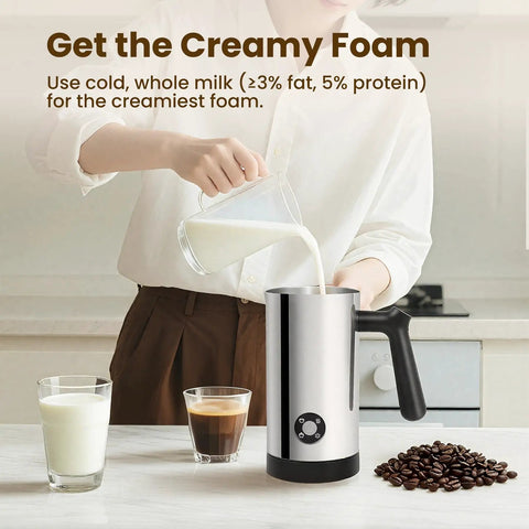 Person pouring milk into 4 In 1 Milk Frother And Steamer With 10 6 Oz Capacity Electric Foam Maker for lattes cappuccinos and chocolate.