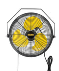 Beast Mode 2500 CFM 12 Inch Industrial Wall Mount Fan with three speeds, yellow blades, black frame and cord, front view