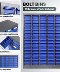 Heavy Duty Parts Cabinet With 100 Abs Drawers And Adjustable Dividers For Nuts Bolts Screws Badass Hardware Organizer Steel Frame No Sweat Storage Rig For Home Or Shop, featuring 75 blue ABS drawers.