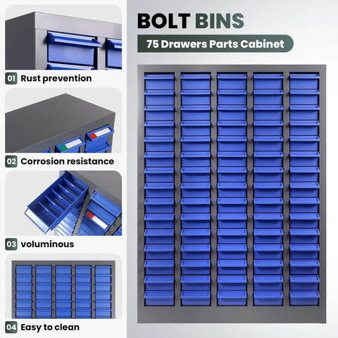 Hella Sturdy Heavy Duty Parts Cabinet With Seventy Five Drawers 860 Lb Capacity Solid Steel displaying blue bins for organized storage.