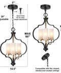 Modern Orb Chandelier With 3 Lights In Black And Gold, Frosted Glass Shades, adjustable height, details shown, dimensions labeled