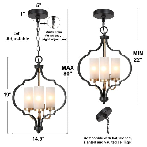 Modern Orb Chandelier With 3 Lights In Black And Gold, Frosted Glass Shades, adjustable height, details shown, dimensions labeled