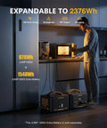 Man using Jump1500X Portable Power Station with 828Wh LiFePO4 battery in kitchen, expandable to 2376Wh, solar generator