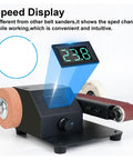 Rugged Handheld Electric Belt Sander With Comfortable Grip For Butter Smooth Woodworking Projects Efficient Sanding And Polishing Machine Built For Serious DIY Work And Pro Builds speed display showing 23.8.