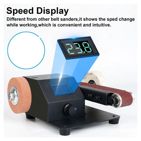 Heavy Duty Electric Belt Sander Slaps Down Rough Wood Grain With Slick Sanding Polishing And Grinding Moves For Home Remodels and Pro Woodworking Hustlers with digital speed display.