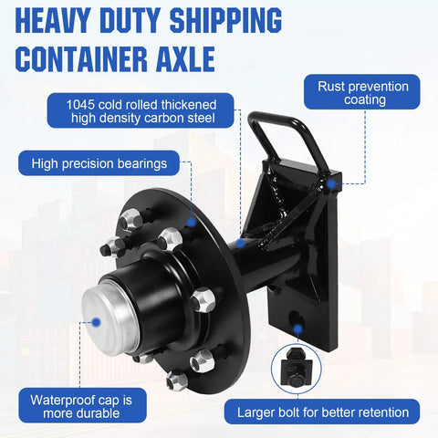 Heavy Duty Shipping Container Wheels With 8 X 6.5 Lug Kit For Industrial Cargo Rollers Built Tough To Move Big Loads Without A Hitch Cold Rolled Steel Eight Thousand Pound Load Limit axle with high precision bearings and rust prevention.