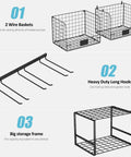 Heavy Duty Garage Wall Shelf With Wire Baskets, Tool Rack And Hooks, Durable Wall Mounted Storage For Home, Garden And Yard Organization, DIY Install With Interlocking Or Separate Baskets featuring wire baskets and hooks.