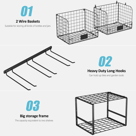 Heavy Duty Garage Wall Shelf With Wire Baskets, Tool Rack And Hooks, Durable Wall Mounted Storage For Home, Garden And Yard Organization, DIY Install With Interlocking Or Separate Baskets featuring wire baskets and hooks.