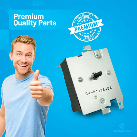 OEM Dryer Timer Replacement for Hotpoint RCA Fits Sears Kenmore models with man showing thumbs up on blue background
