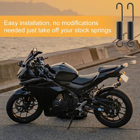 Two Pack Mini Bike Kickstand Springs 10cm Universal Replacement Side Kickstand Springs For Motorcycle Scooter Dirt Pit Bike Built Tough Steel Black Finish next to a parked motorcycle at sunset