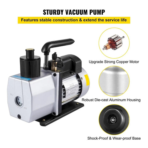 Dual Stage Vacuum Pump 5 CFM And One Half Horsepower For Refrigerant Ac Heating System Tool Heavy Duty Aluminum Alloy Build With Shock Proof Base Backflow Prevention Copper Motor Hvac Equipment