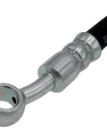 Close-up of a Front Driver Side Brake Hydraulic Hose for select Acura and Honda models, showing metal and black rubber materials.