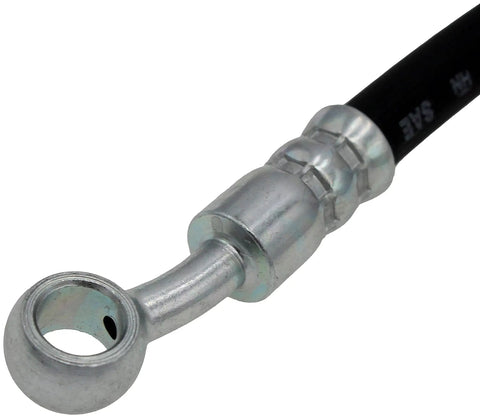 Close-up of a Front Driver Side Brake Hydraulic Hose for select Acura and Honda models, showing metal and black rubber materials.