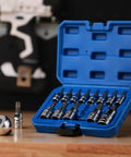 Open blue case showing 14 Piece Torx Bit Socket Set With One Quarter Inch Drive Three Eighths Inch Drive And One Half Inch Drive S2 Alloy Steel