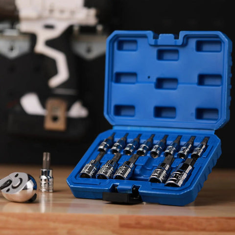 Open blue case showing 14 Piece Torx Bit Socket Set With One Quarter Inch Drive Three Eighths Inch Drive And One Half Inch Drive S2 Alloy Steel
