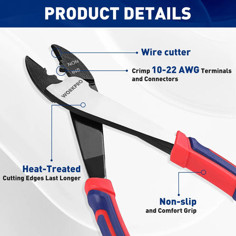 Heavy Duty Wire Cutter Crimper Tool For 10 To 22 AWG Terminals And Connectors Insulated And Non Insulated with red grips