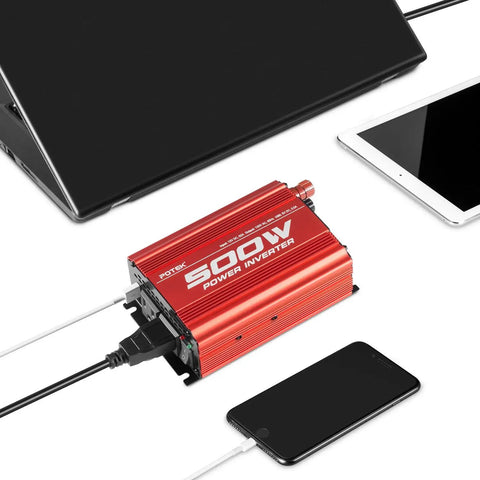 Heavy Duty Car Power Inverter Pumps Out Five Hundred Watts From Dc Twelve To Ac 110V With Dual Plugs And Quick Usb for charging devices.