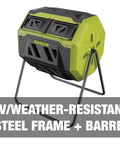 Outdoor Tumbling Composter Bin With Dual 360 Degree Rotation And 42 Gallon Capacity For Fast Home Composting Dual Chamber With Sliding Access Doors Heavy Duty Steel Frame UV And Weather Resistant Tumbler on a metal stand