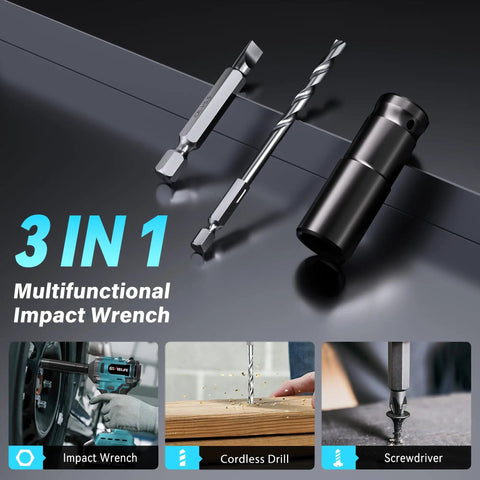 450 Nm Brushless Cordless Impact Wrench One Half Inch Drive With 4.0 Ah Battery And Four Sockets Beast Power For Cars DIY Projects Furniture Lawn Mower Blue, 3-in-1 bits