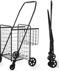 Folding Shopping Cart With 200 Lb Capacity, Heavy Duty Grocery Cart, medium size, black metal frame, unfolded and folded view