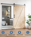 8 Foot Sliding Barn Door Hardware Track Kit With Black Wall Mount And Handle Big Industrial Spoke Wheel Pulley Smooth Quiet Glide Easy Install 96 Inch Track Fits 44 To 46 Inch Openings No Door Included installed in bathroom.