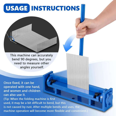 Instructions for 7.87 Inch Steel Bending Brake Manual Sheet Metal Bender shown; demonstrating use with thin metal sheet bending