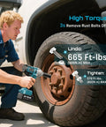 Mechanic using Half Inch Cordless Impact Wrench Beast With 21V Battery, 665 Ft-Lbs Loosening Torque, 3300 IPM on truck lug nut