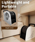 355 CFM Blower Fan With Detachable Filter for Easy Cleaning, high velocity fan in white, shown in portable home setting with dimensions.