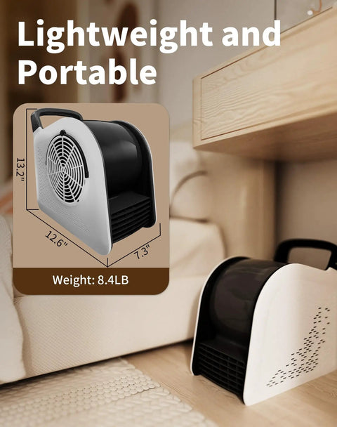 355 CFM Blower Fan With Detachable Filter for Easy Cleaning, high velocity fan in white, shown in portable home setting with dimensions.