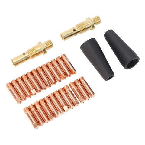 All In One MIG Welding Kit With 24 Tips 2 Flux Core Nozzles 2 Gas Diffusers Premium Copper Brass Teflon Parts 28 Piece Set