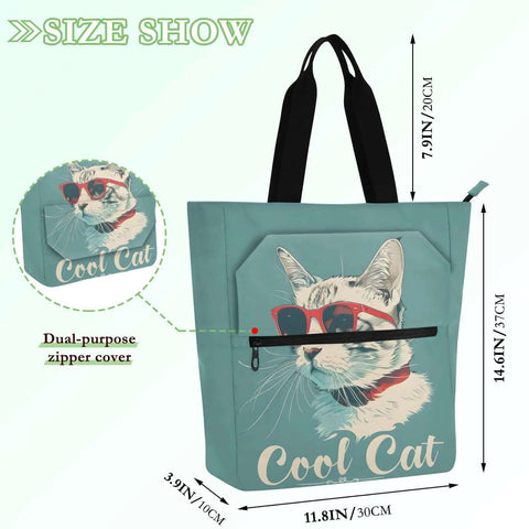 Cool Cat Sunglasses Tote Bag For Book Lovers with Zipper Pocket, reusable water repellent nylon, large capacity size details